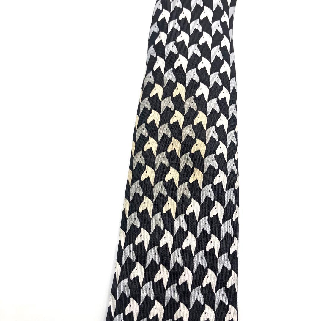 【美品】HERMES ネクタイ 馬柄 アニマル　動物 小紋柄 ブラック ホワイト