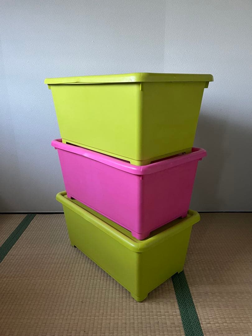 ビビットカラー衣装ケース(収納ボックス)ピンク, 黄緑 4個(大3, 小1)