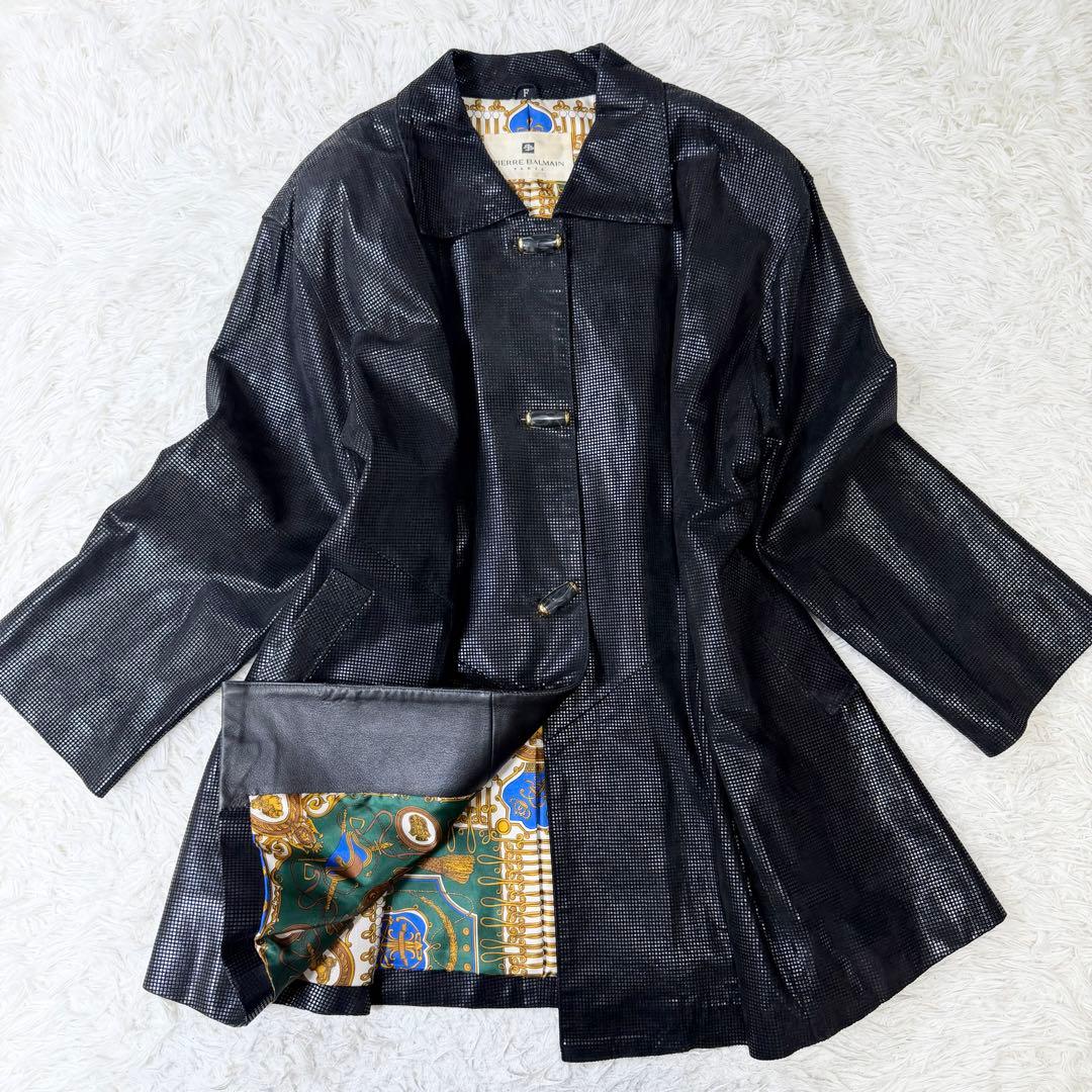 【希少デザイン】Pierre Balmain 裏地総柄　レザーコート　金ボタン