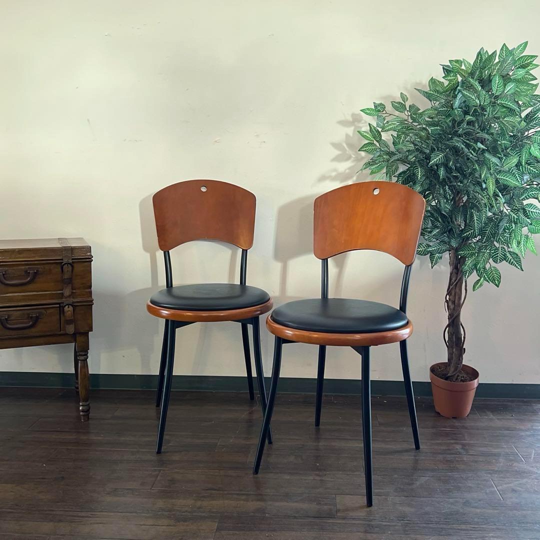 k981r114 ウッドとブラックレザーのコントラストが素敵なチェア 2脚セット
