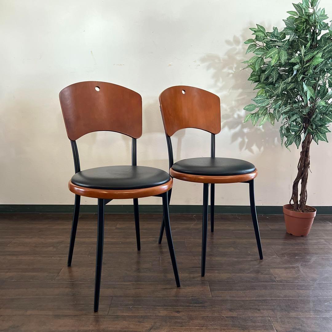 k981r114 ウッドとブラックレザーのコントラストが素敵なチェア 2脚セット