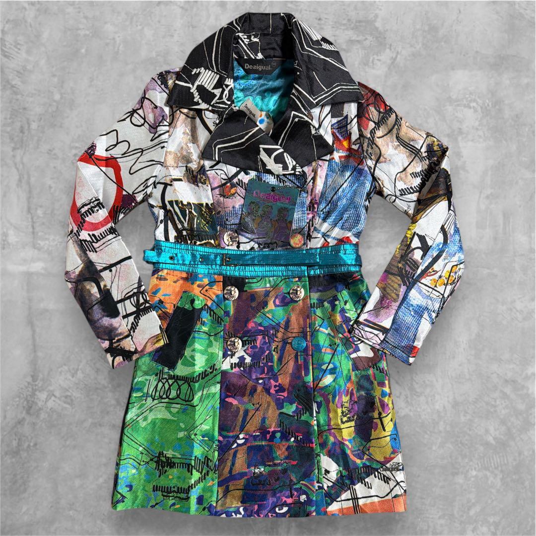 希少 Desigual デシグアル マルチカラー アート柄 トレンチコート