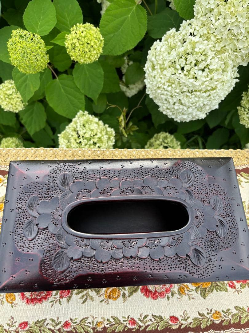 軽井沢彫り　木製桜彫刻　ティッシュボックス 伝統工芸品