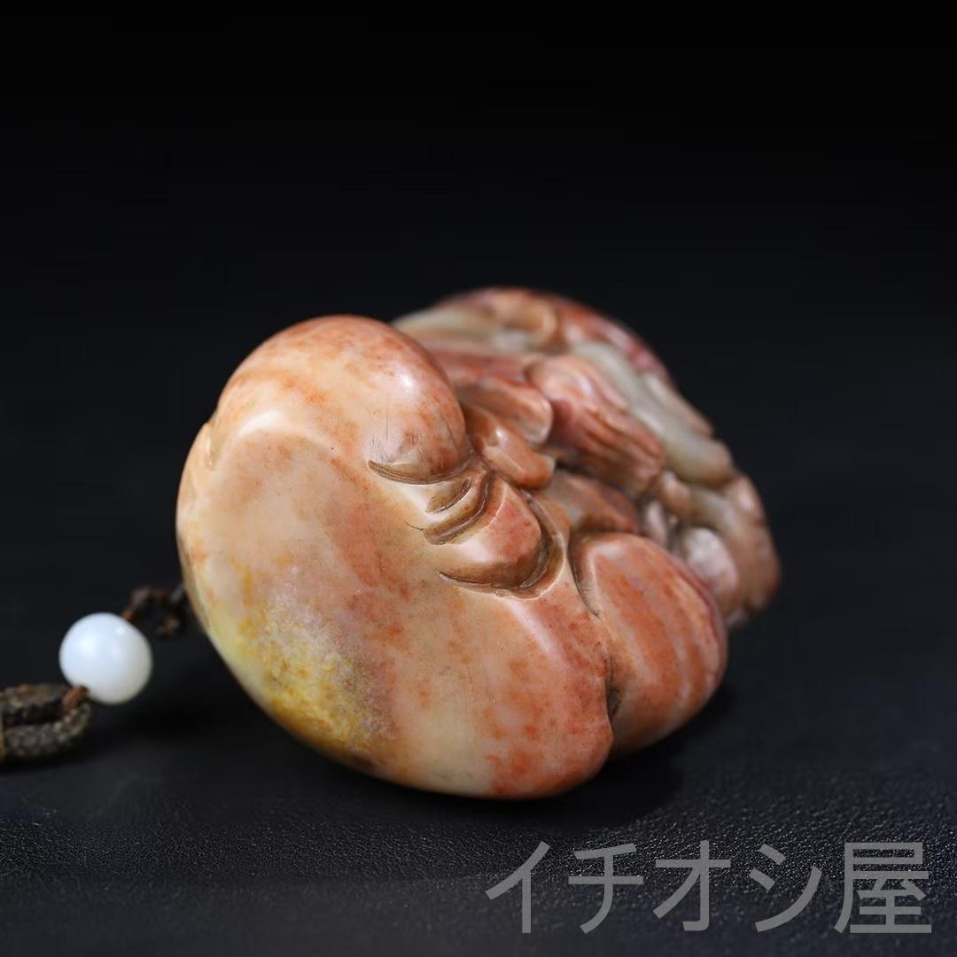 【旧蔵 寿山石 子孫楽 彫刻 手握り件】原石原色 印材 彫刻 時代物 田黄石