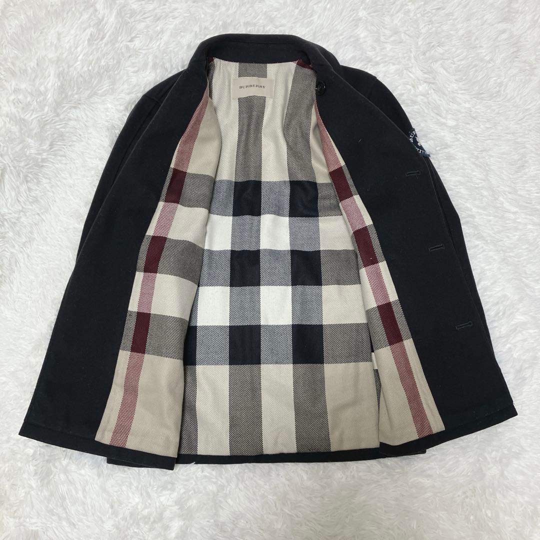 【美品】 Burberry カシミヤ混 ピーコート ネイビー ダブル チェック