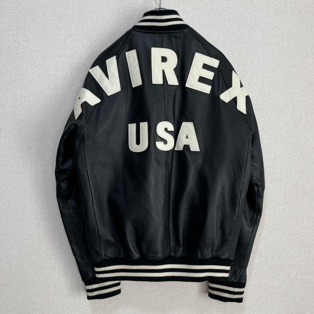 【美品】AVIREX ラムレザー ブルゾン アーチロゴ ブラック M