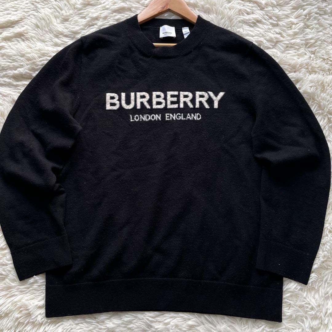 美品✨バーバリー　ニット　セーター　ストレッチ　現行タグ　ロゴ　黒　L