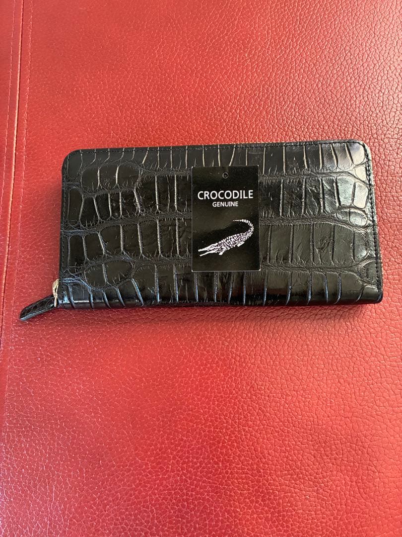 クロコダイル ラウンド長財布 メタルファスナー ブラック マット仕上げ 三京商会