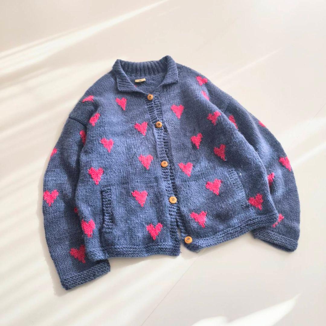 希少柄！エクアドル製 ハンドニット ハート柄 カーディガン ローゲージ　B12
