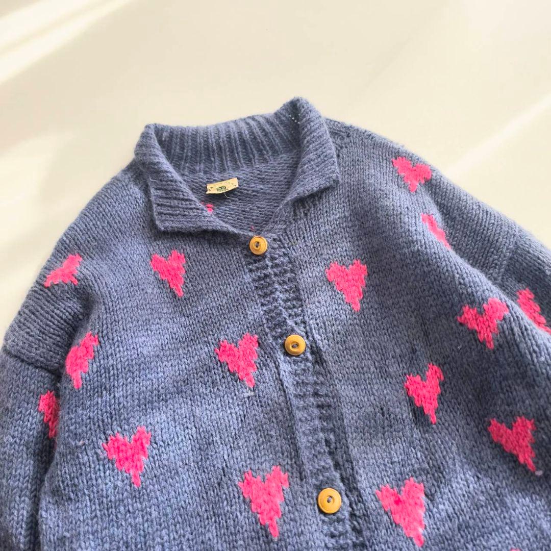 希少柄！エクアドル製 ハンドニット ハート柄 カーディガン ローゲージ　B12