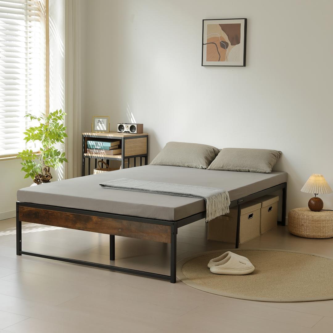 年末赤字！D・ダブルベッドフレーム パイプベッド パイプ+木　BLACK