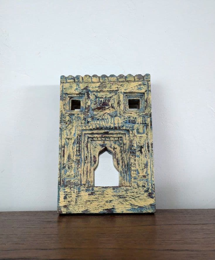 【　インド　ヴィンテージ　ミラー　】鏡　アンティーク　レリーフ　木製　壁掛　木彫