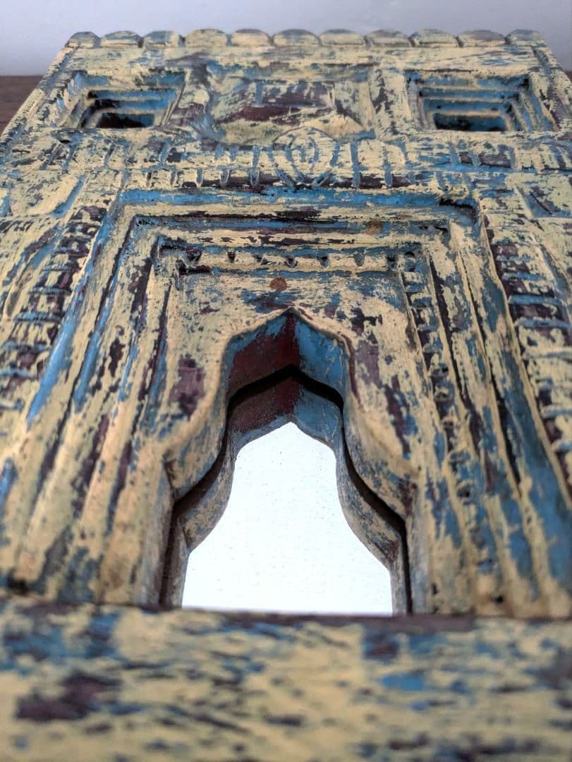 【　インド　ヴィンテージ　ミラー　】鏡　アンティーク　レリーフ　木製　壁掛　木彫