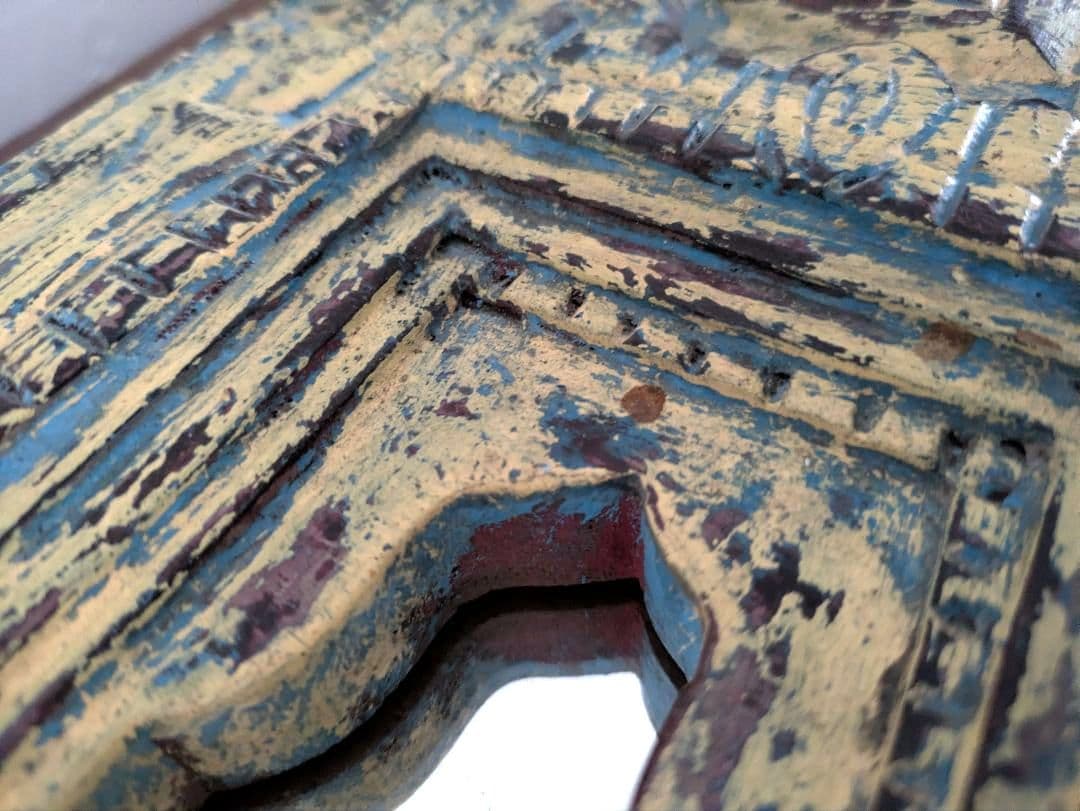 【　インド　ヴィンテージ　ミラー　】鏡　アンティーク　レリーフ　木製　壁掛　木彫