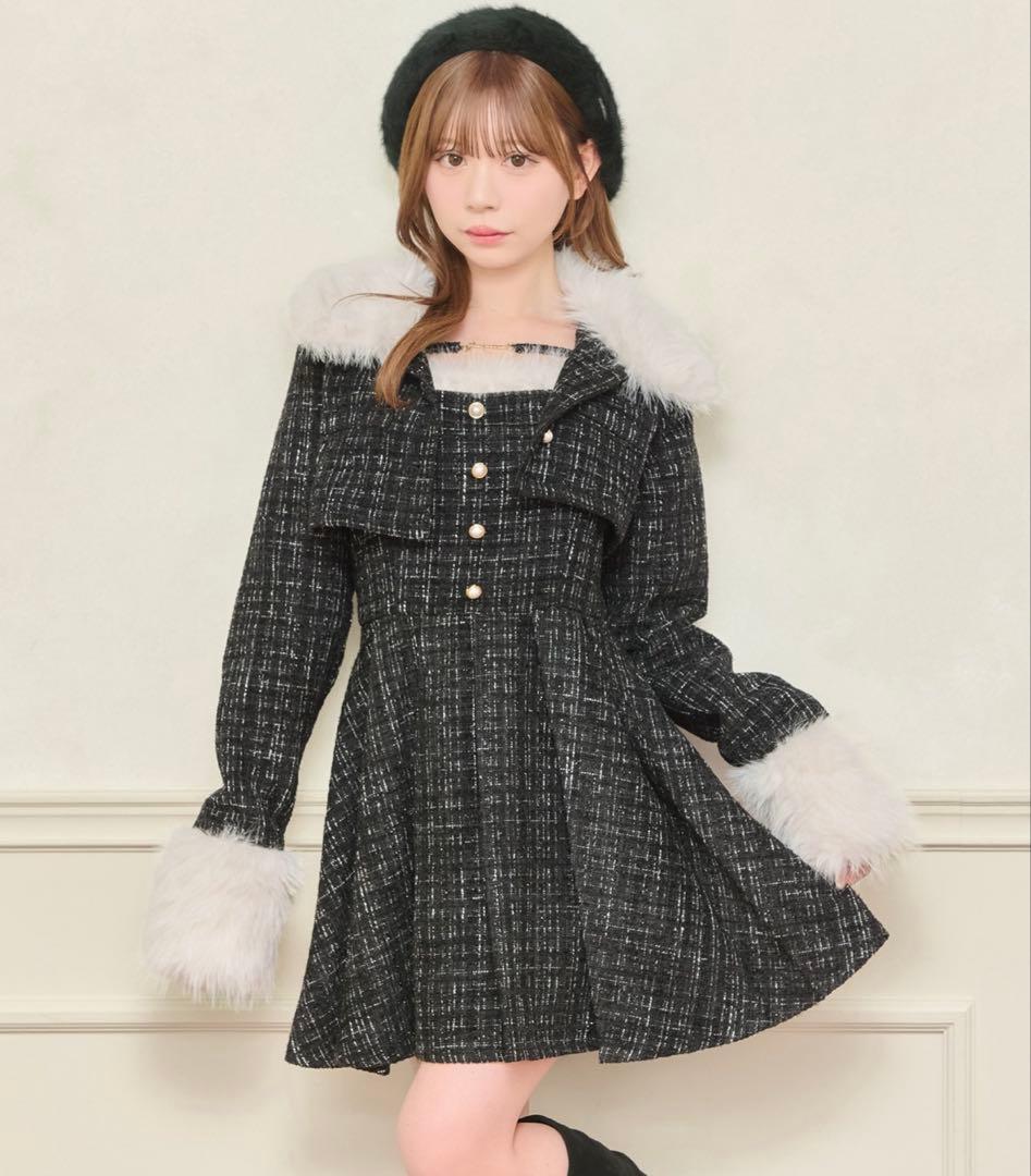 【セット着用可能】ファー付きツイードミニキャミワンピースとジャケット2点セット