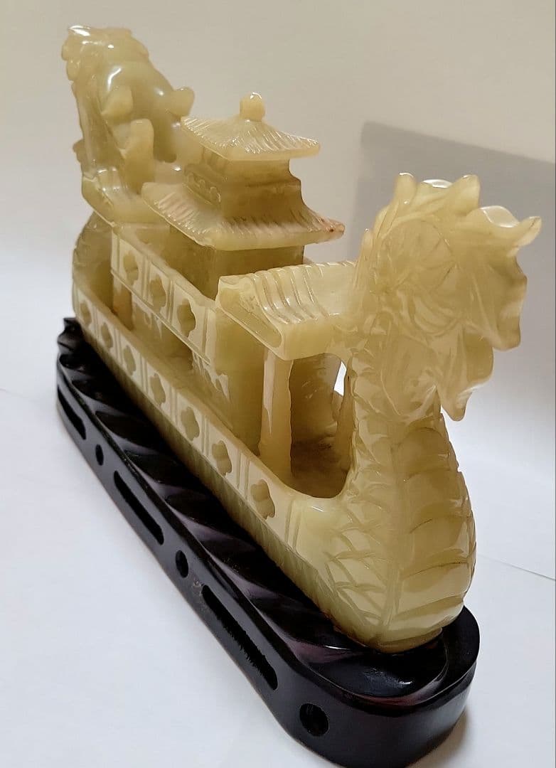 中国　翡翠　龍彫　彫刻遊環　台付香炉