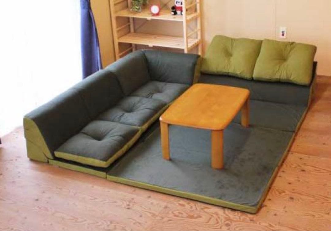 うたたね、ごろ寝もできる日本製ローソファセット　　コーナーソファ　グリーン