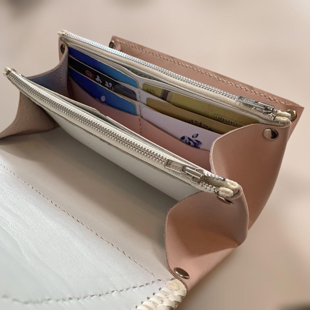 レザークラフト牛革ベビーピンクダルメシアン柄ハラコアコーディオン長財布牛レース編