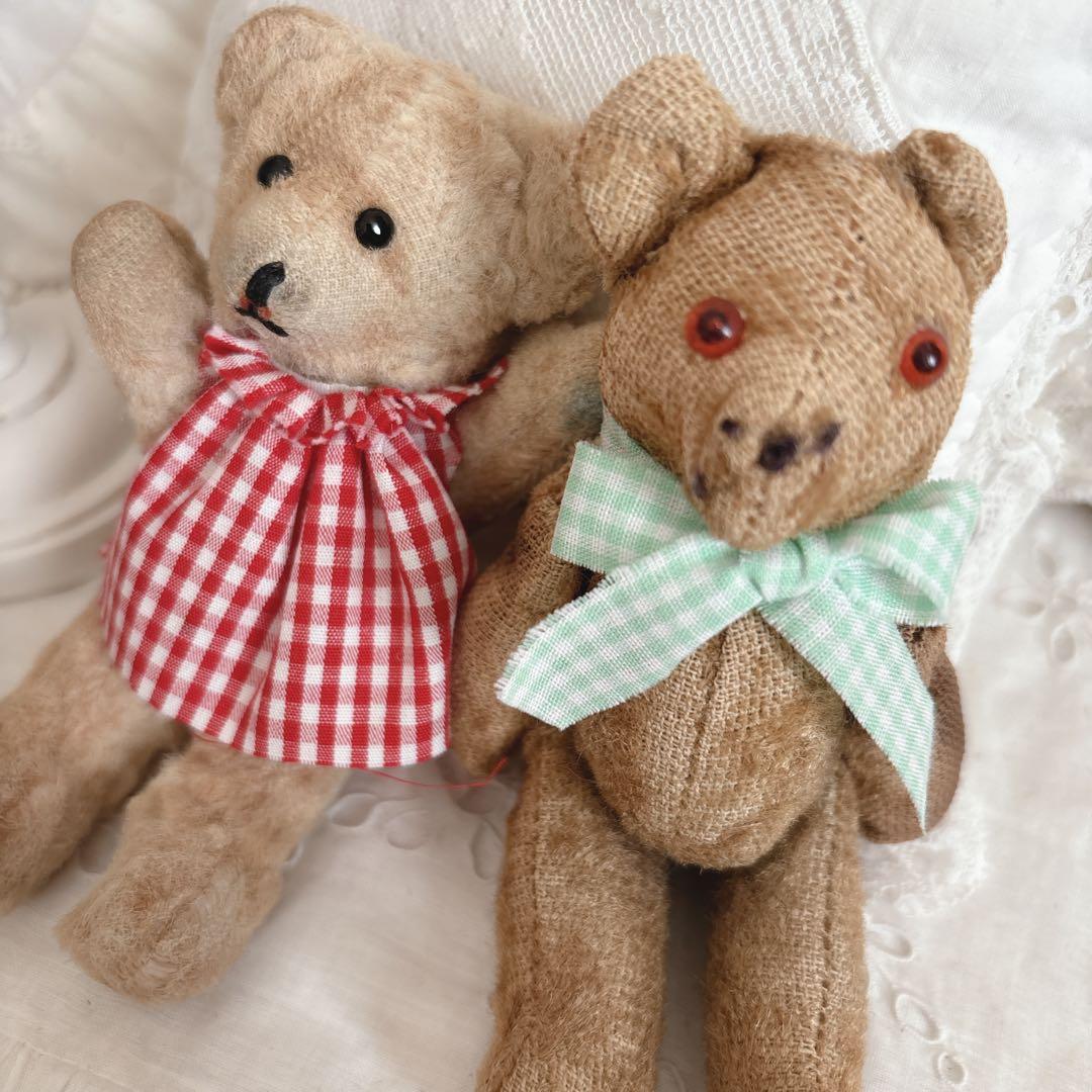ミニベアちゃんʕ•ᴥ•緑リボンの子　アンティークベア　ヴィンテージベア