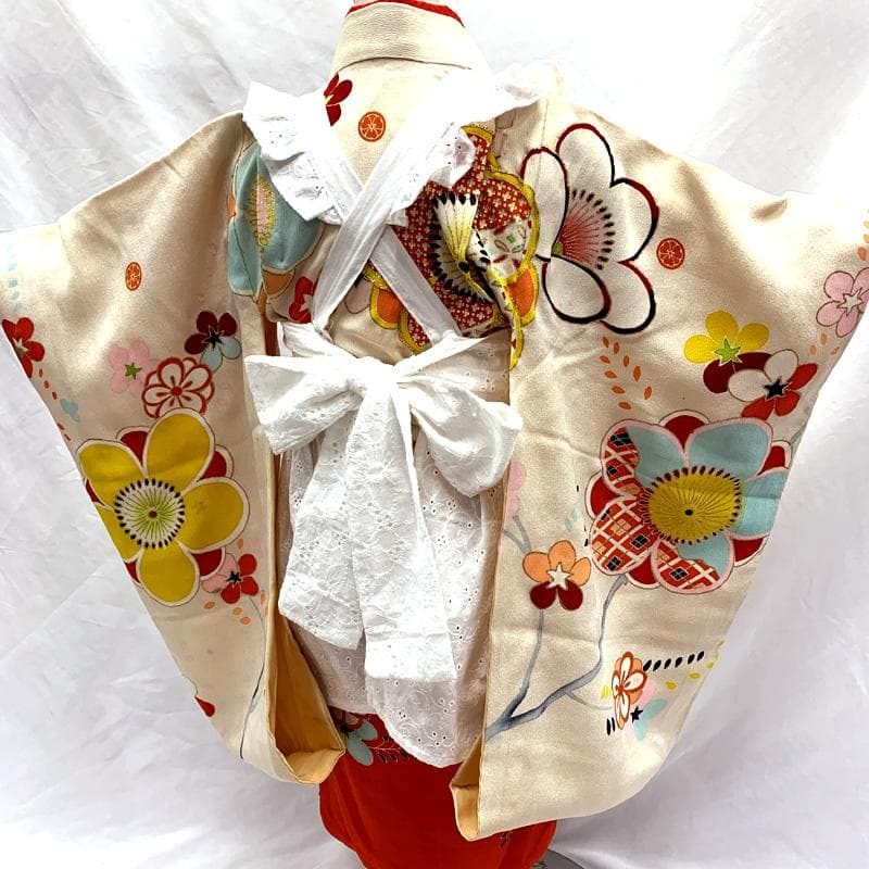 4009ag98, 半衿□七五三 三歳 女児 アンティーク 着物のみ 五つ紋□