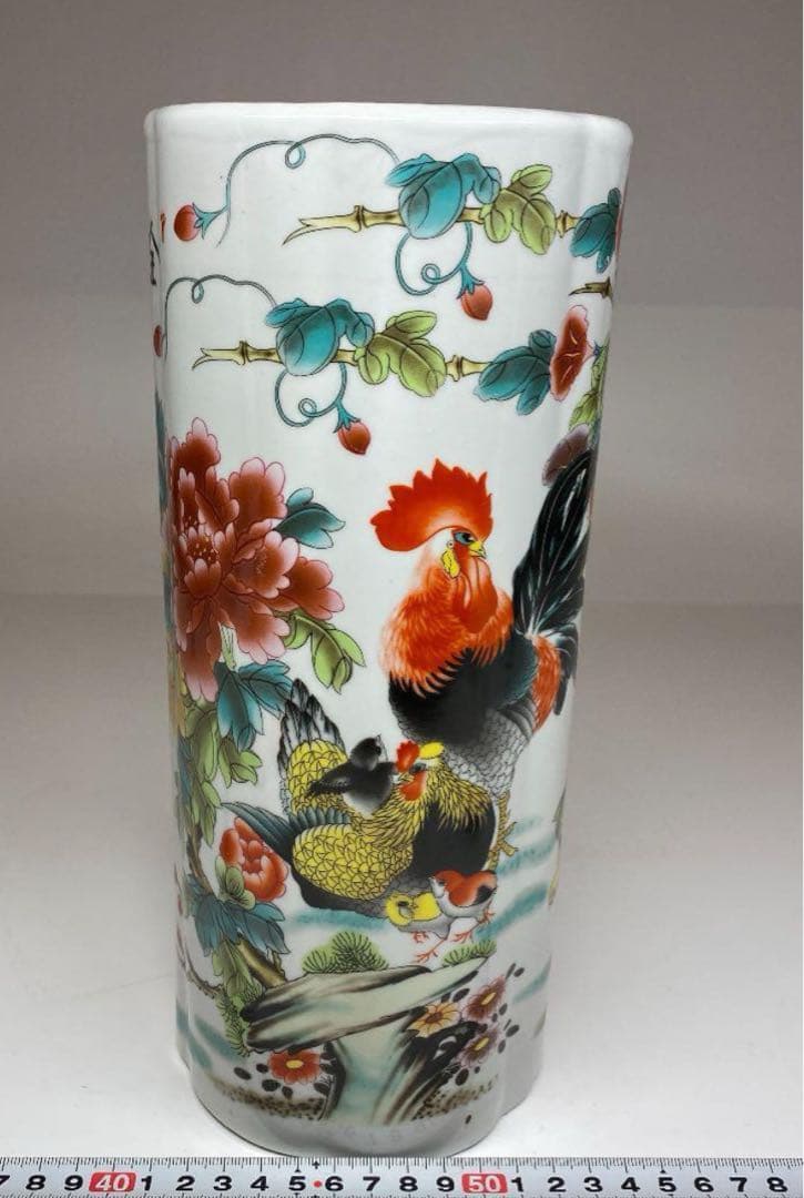 中国　民国時代　居仁堂製粉彩鶏の図　花入　高さ28cm