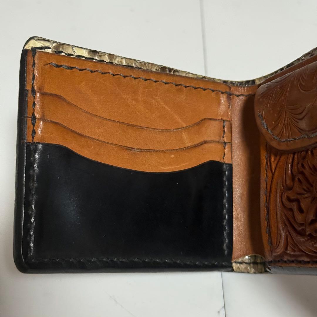 ⭐️極美品⭐️大和工房　マットレッドポロサス　二つ折り財布　カービング　パイソン