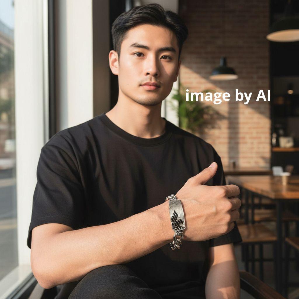 美品✨エンポリオアルマーニ シルバー ブレスレット ロゴプレート 極太 喜平