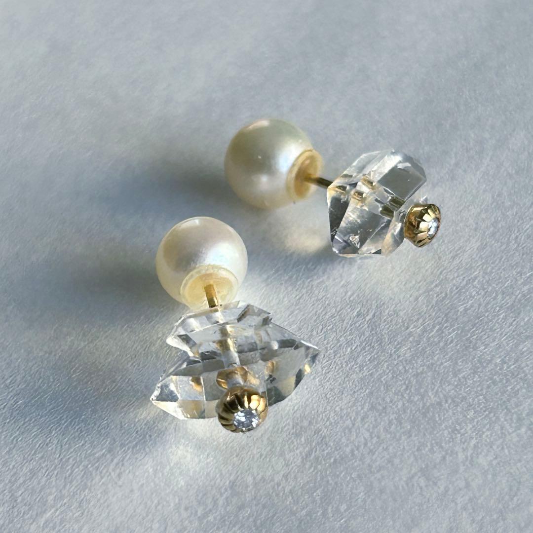ハーキマークオーツ ダイヤモンド パール K18 ピアス