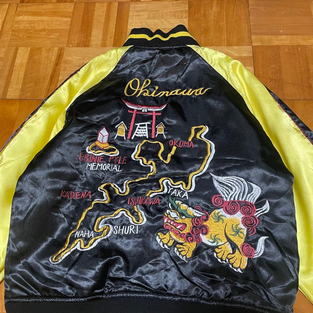 【SALE】90sスカジャン 沖縄マップ シーサー 鷹 虎 龍 刺繍