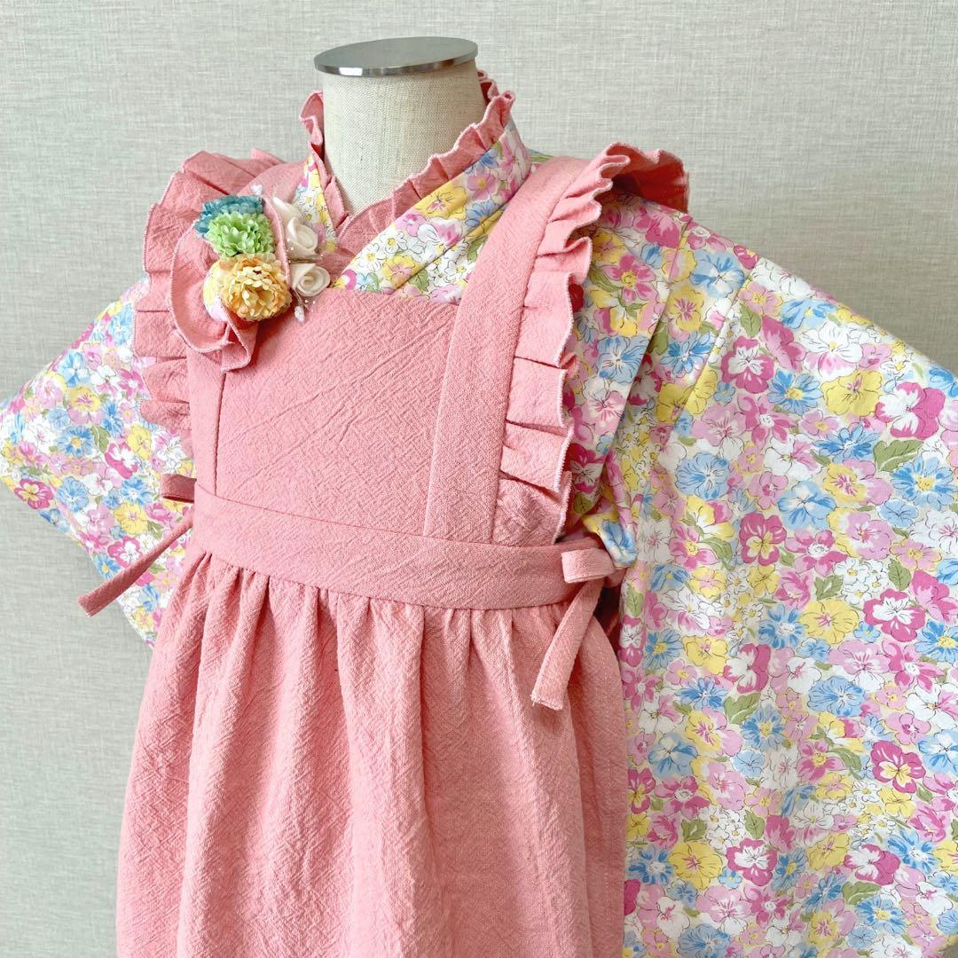 七五三 3歳 女の子 着物＆被布エプロンセット カラフルピンク／ハンドメイド