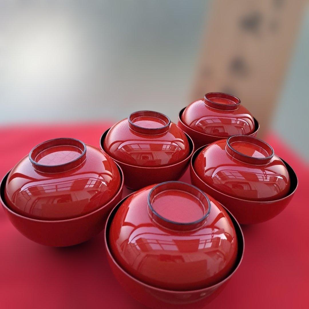 【越前河和田塗　御吸物椀×5客】天然木製　朱内黒　未使用/長期保管品