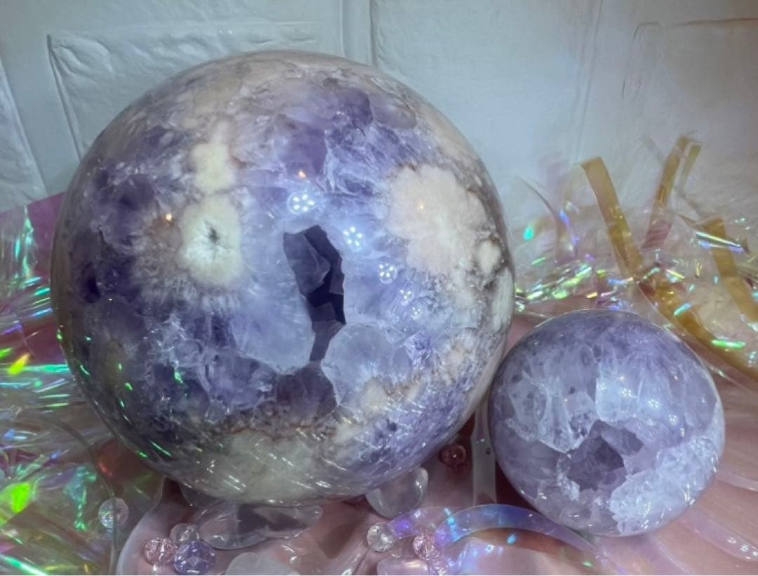 ③巨大⭐️ピンクアメジスト花瑪瑙⭐️ザクザク⭐️虹⭐️笑口⭐️スフィア⭐️天然石⭐️クリスタル