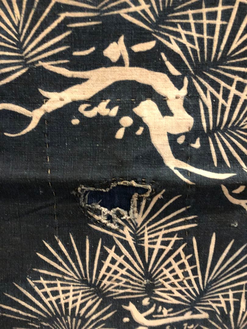 藍染筒描き三巾加賀のれん時代物木綿古布　ソ-229