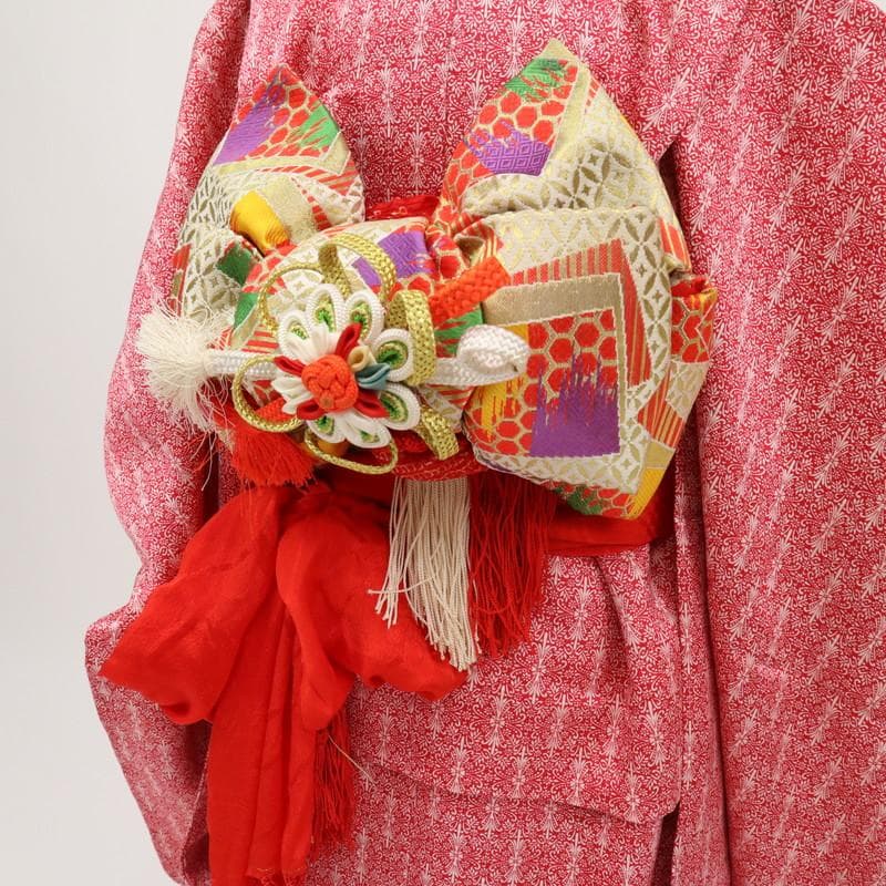 【七五三】5点セット　3歳女児 小花 子供着物帯小物 赤 正絹 8RR3