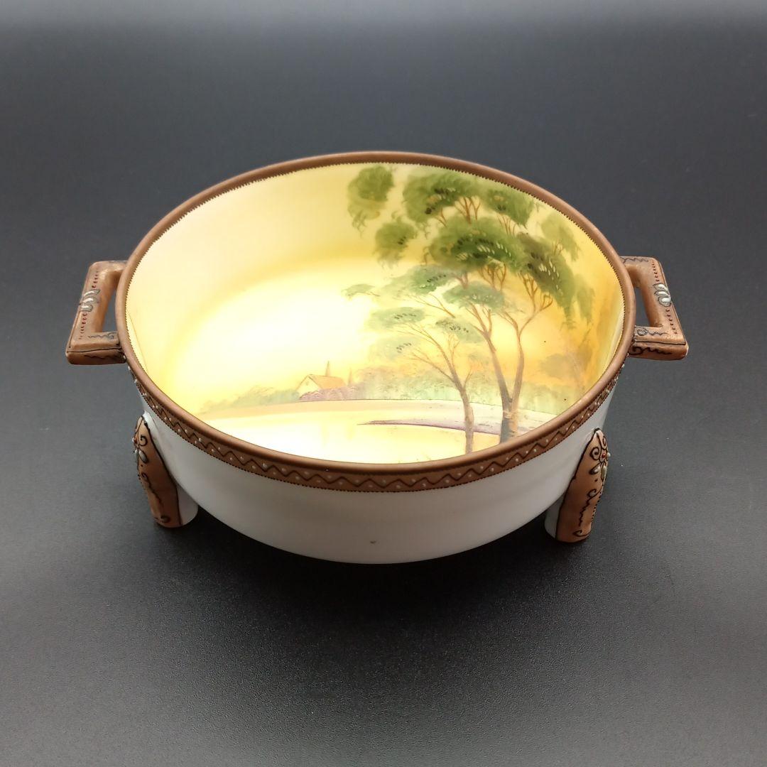 オールドノリタケ 三足 風景画 エナメル盛り ディッシュ メイプルリーフ