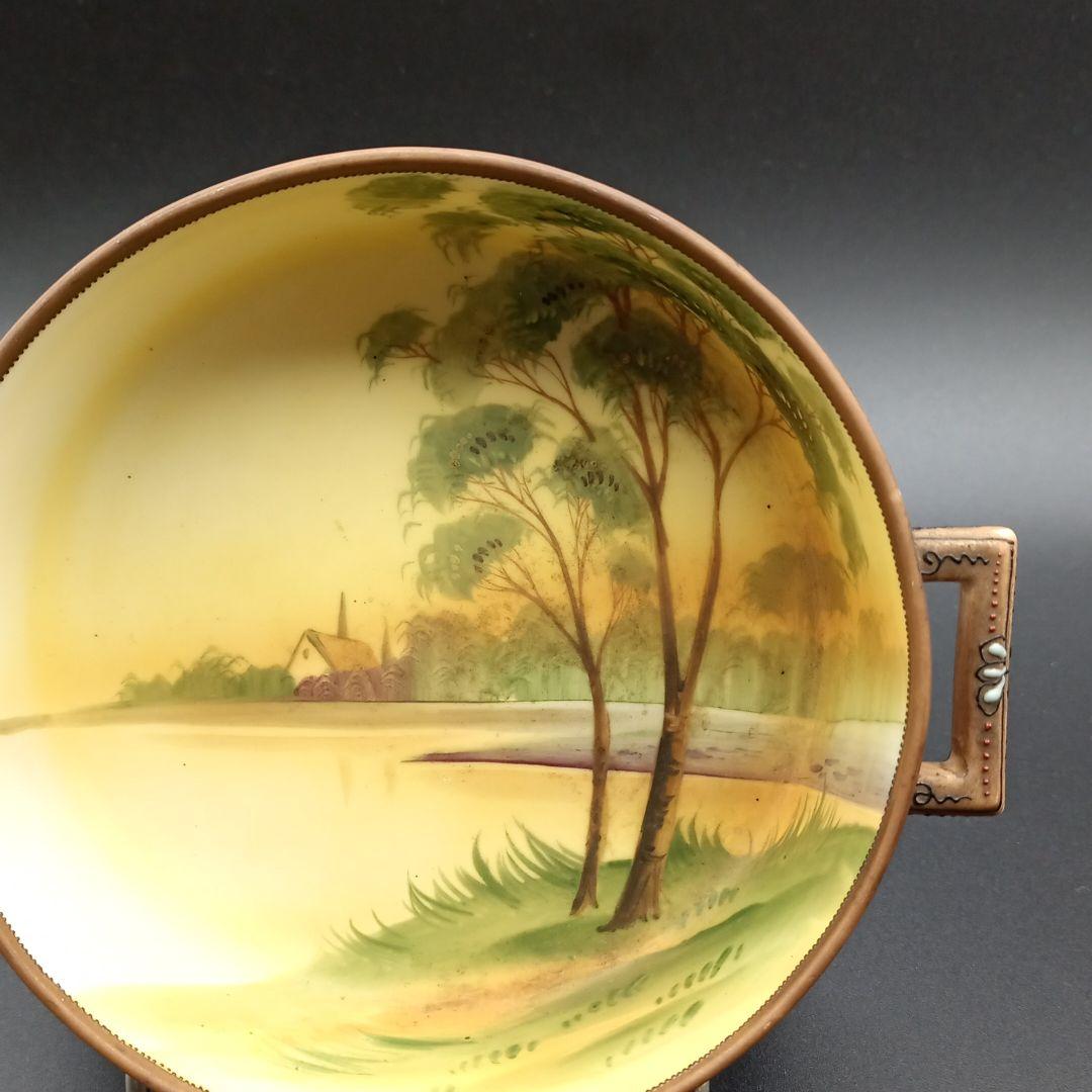 オールドノリタケ 三足 風景画 エナメル盛り ディッシュ メイプルリーフ