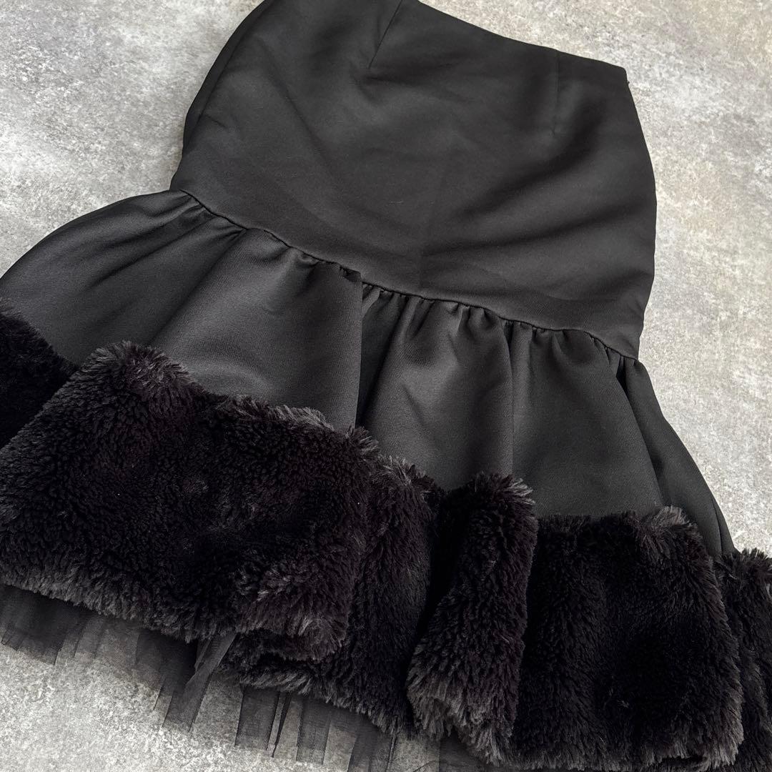 Adonisis アドニシス　異素材　ファー　チュール　フレアスカート　ミモレ丈