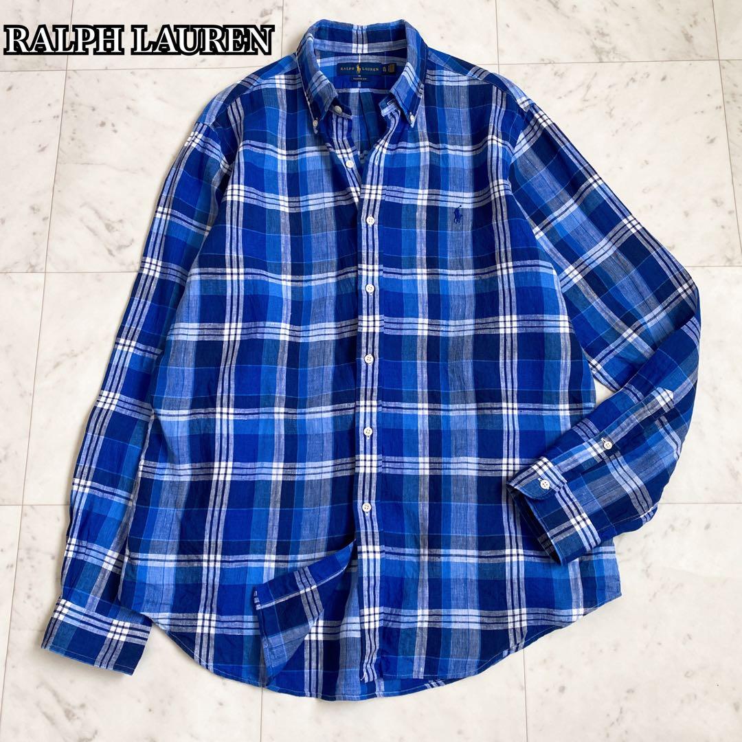美品✨ラルフローレン　チェック柄リネン100%BD長袖シャツ　麻　ブルー　XL