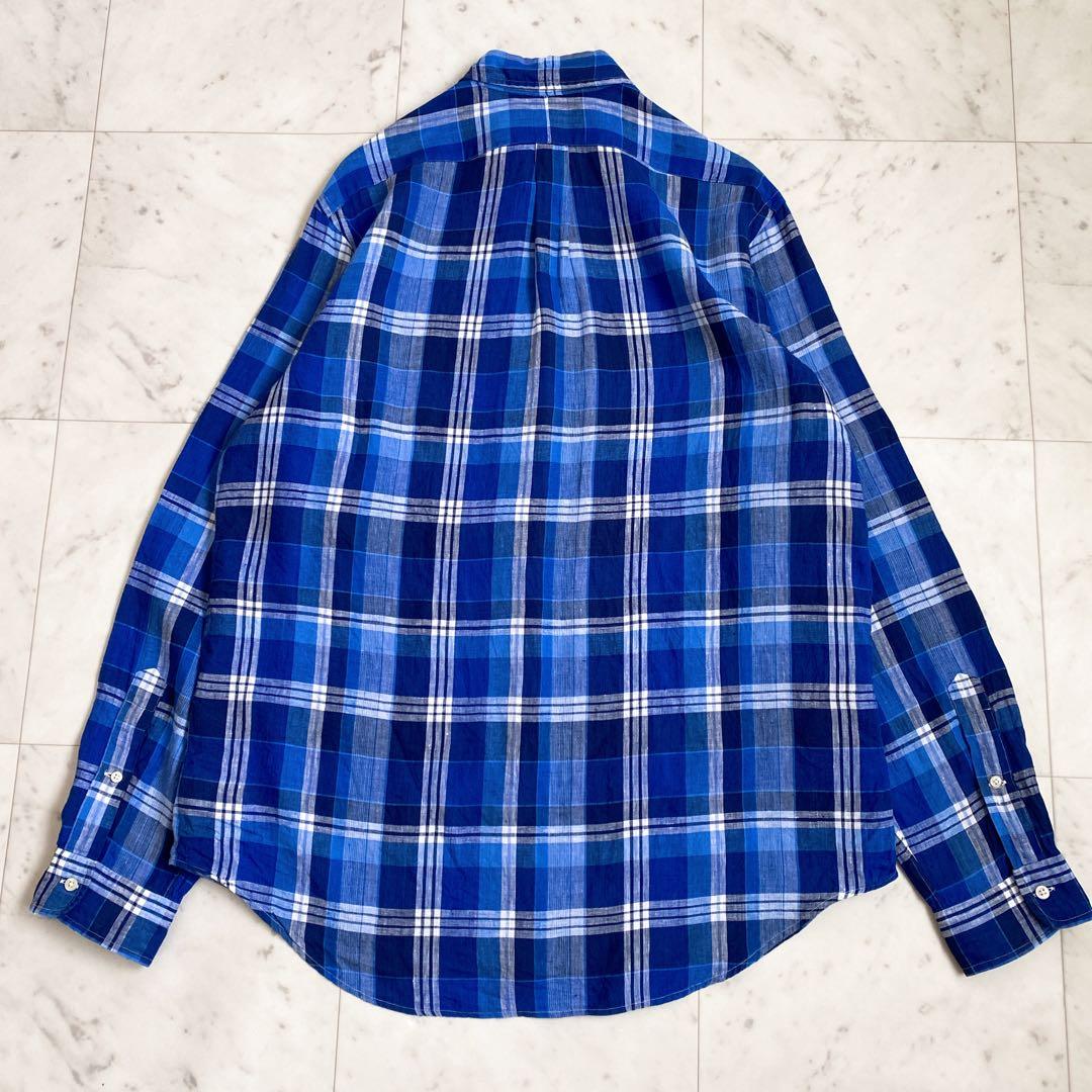美品✨ラルフローレン　チェック柄リネン100%BD長袖シャツ　麻　ブルー　XL