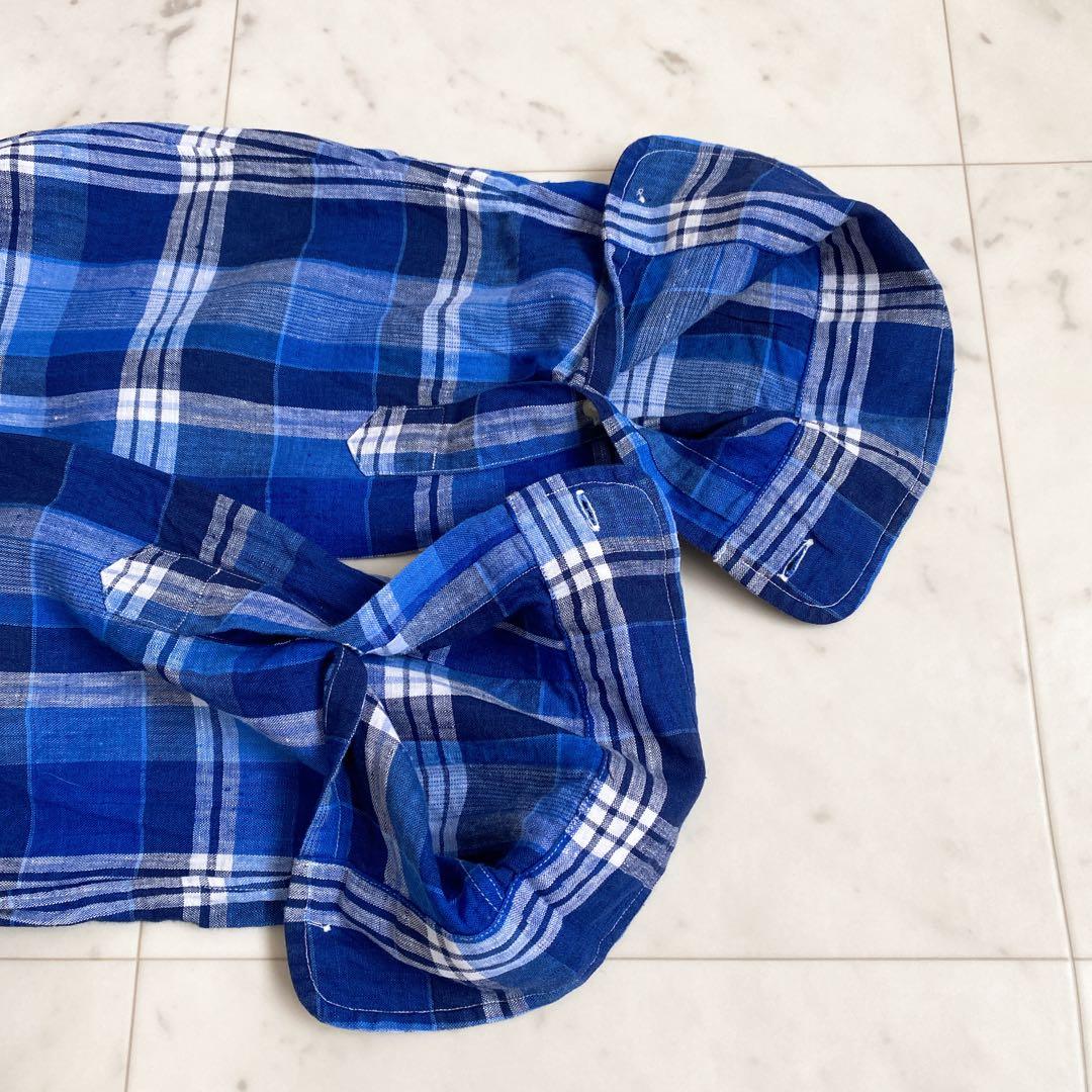 美品✨ラルフローレン　チェック柄リネン100%BD長袖シャツ　麻　ブルー　XL