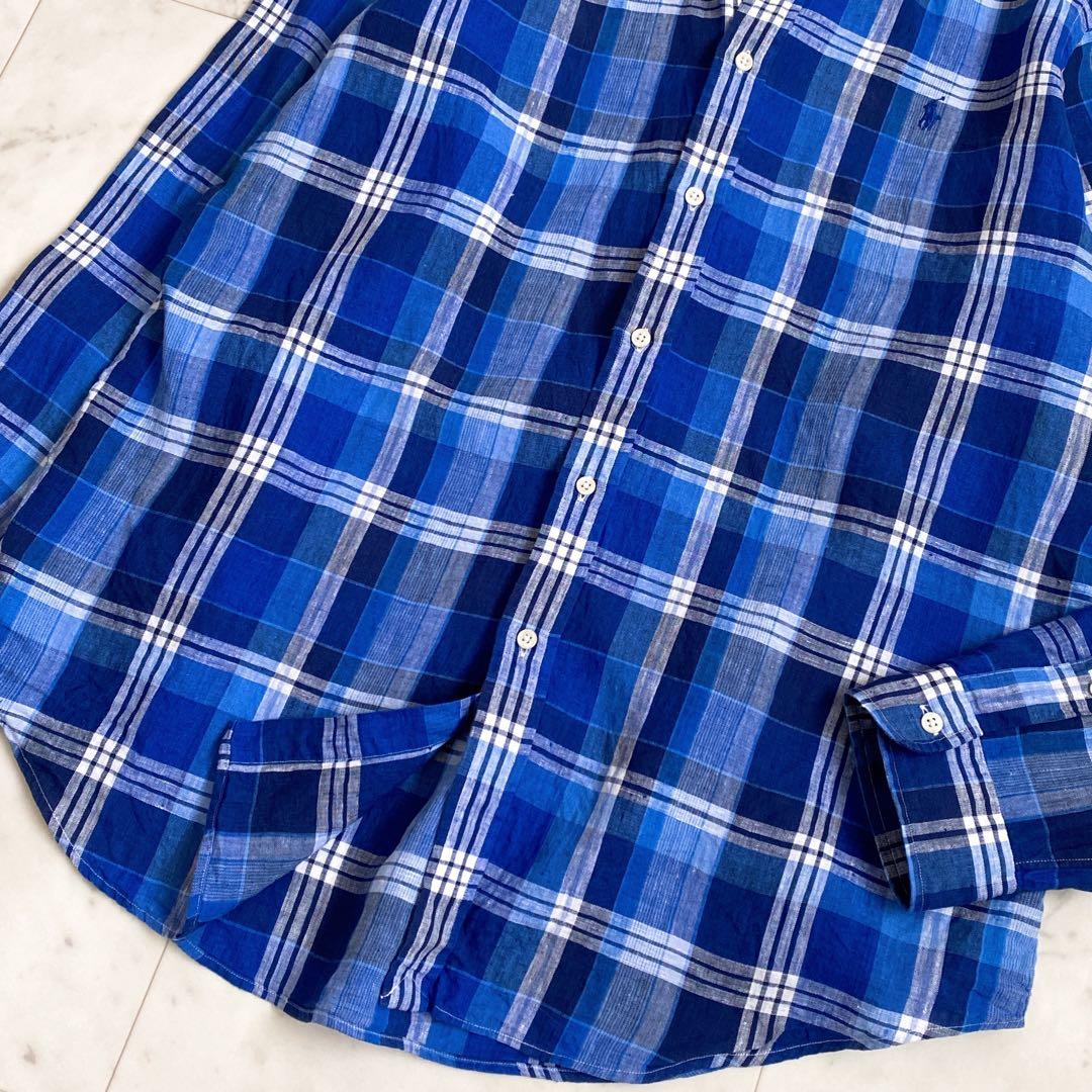 美品✨ラルフローレン　チェック柄リネン100%BD長袖シャツ　麻　ブルー　XL