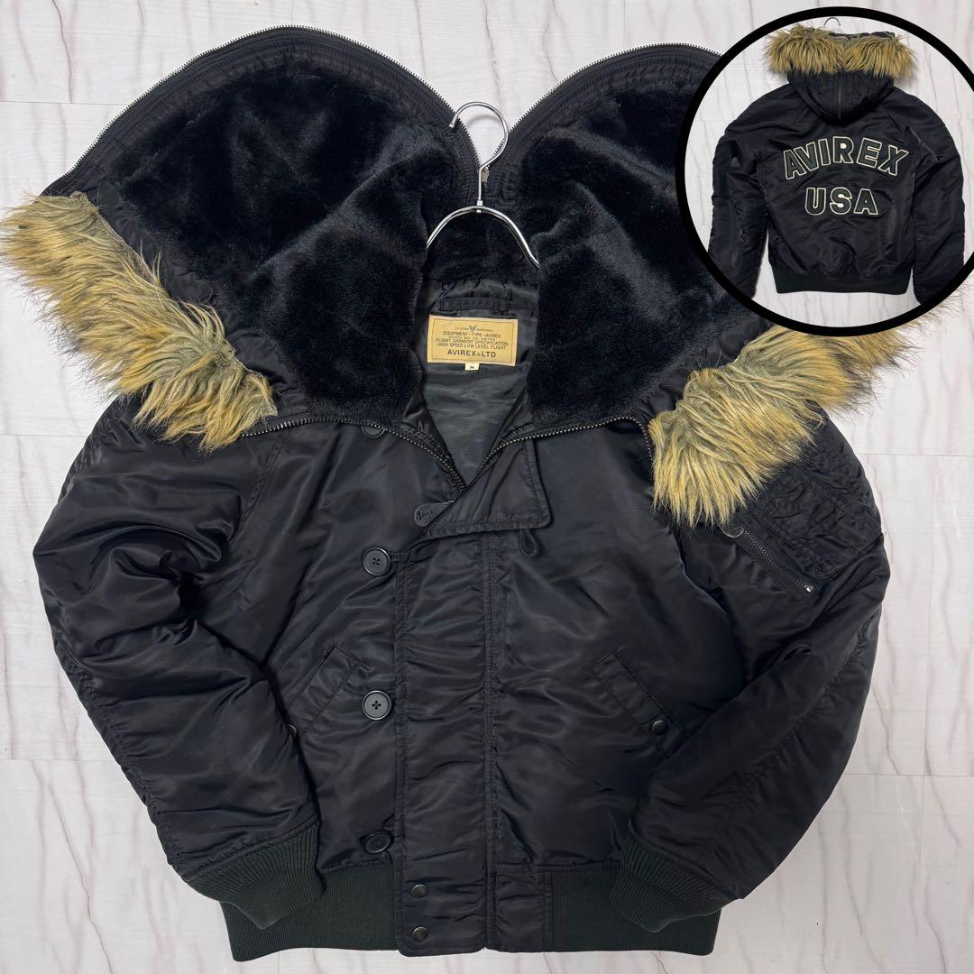 アヴィレックス N-2B ファーフード 黒 M フライトジャケット 短丈 ロゴ