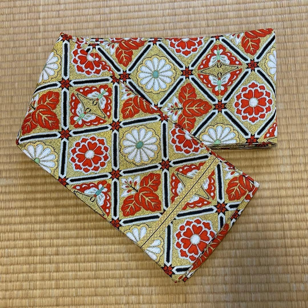 七五三　帯　両面柄　七歳　ゴールド系　結び帯　蝶