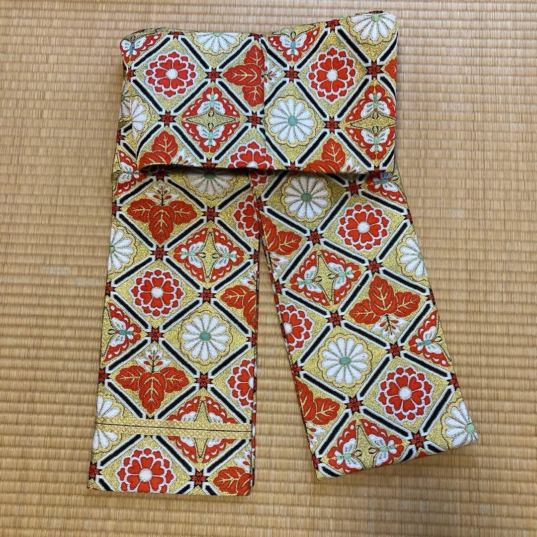 七五三　帯　両面柄　七歳　ゴールド系　結び帯　蝶