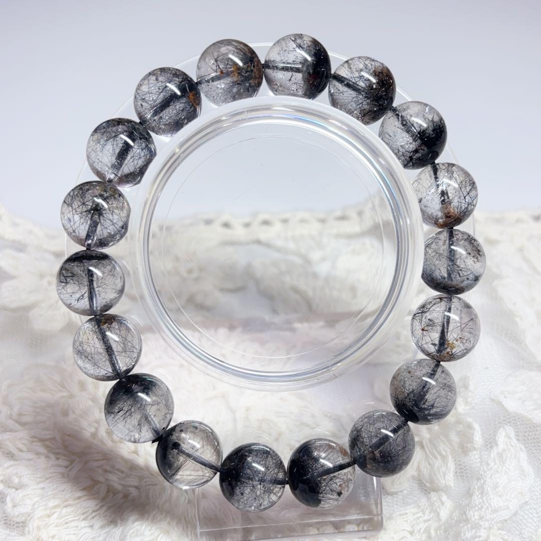 高透明 ブラックルチル ガーデンクォーツブレスレット 虹入り 金運魔除 11mm
