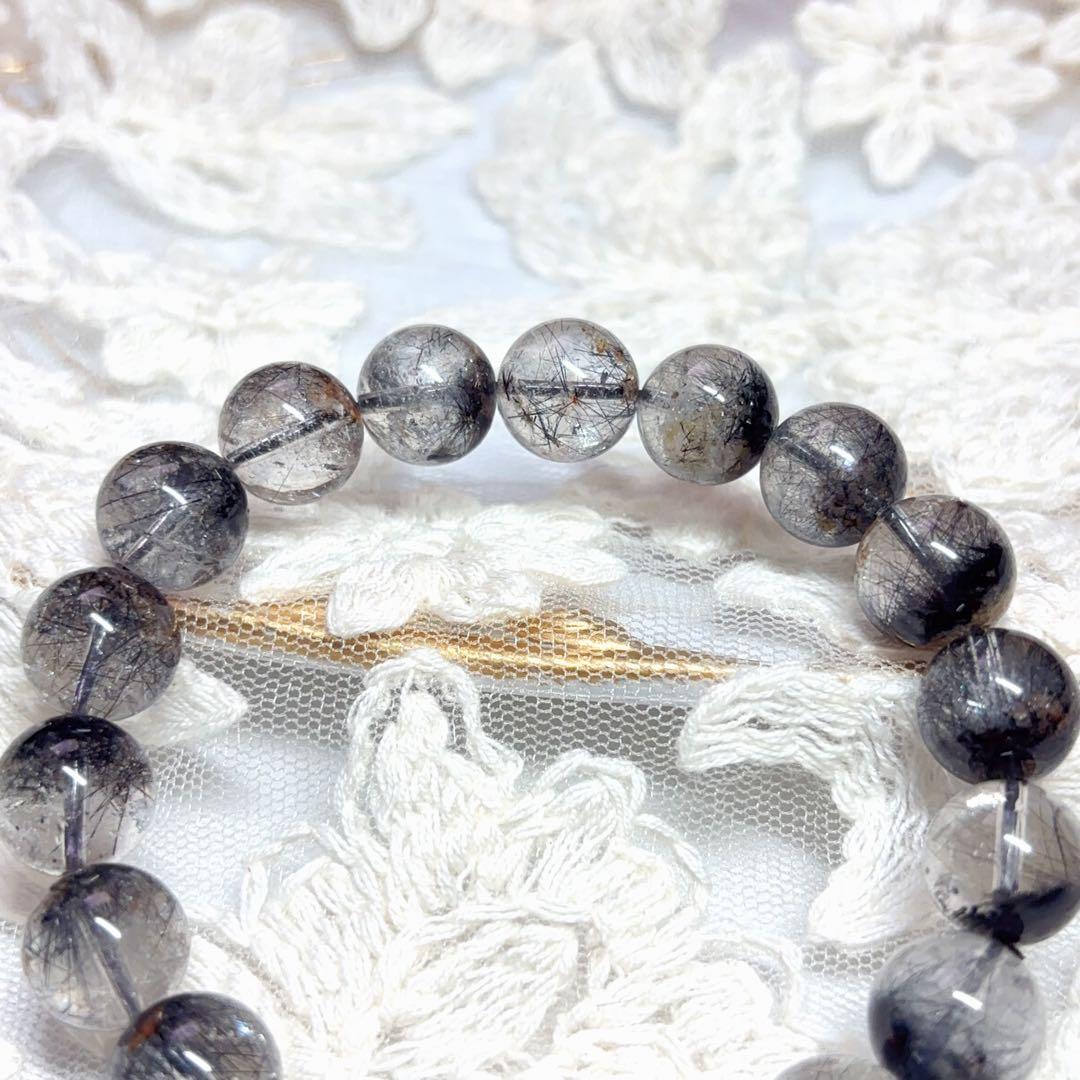 高透明 ブラックルチル ガーデンクォーツブレスレット 虹入り 金運魔除 11mm