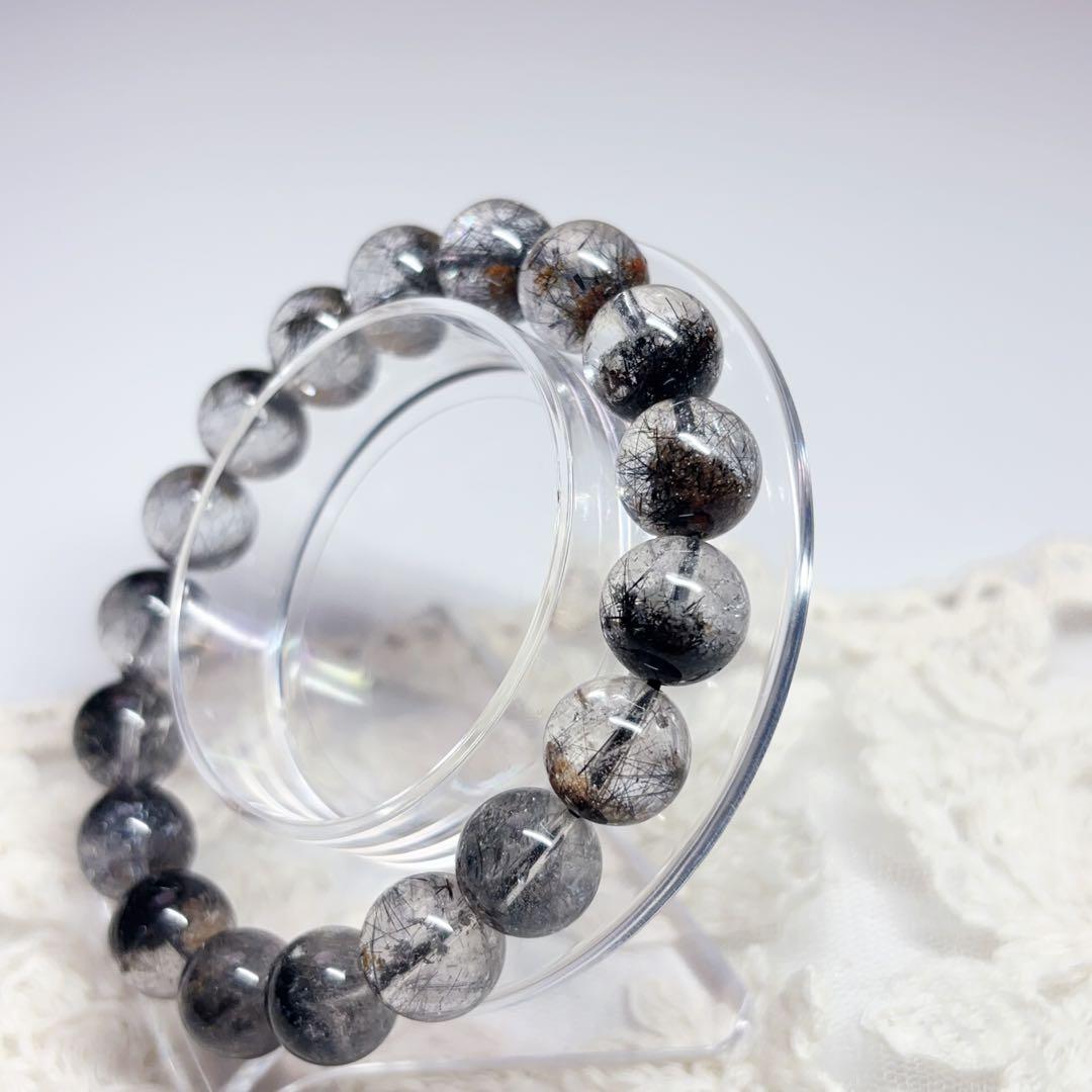 高透明 ブラックルチル ガーデンクォーツブレスレット 虹入り 金運魔除 11mm