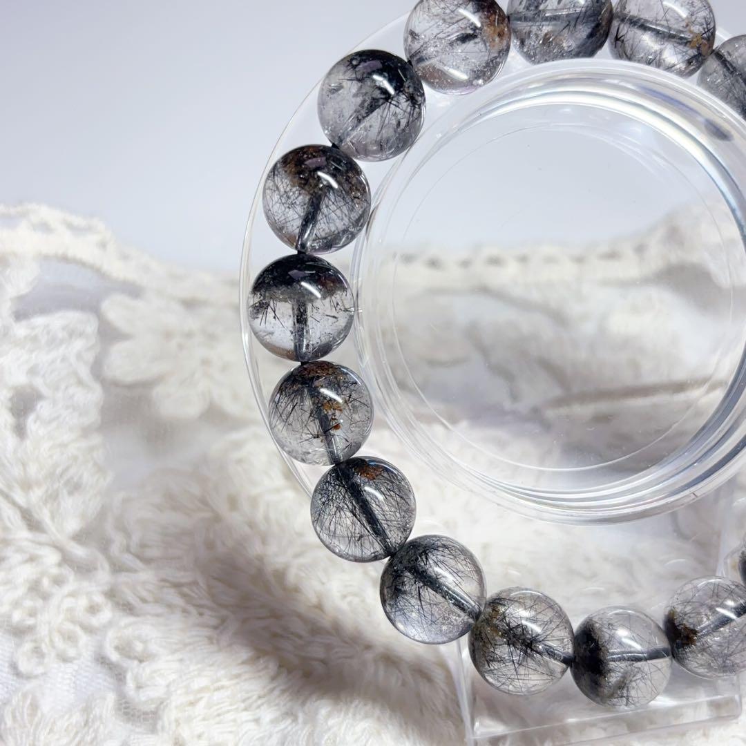高透明 ブラックルチル ガーデンクォーツブレスレット 虹入り 金運魔除 11mm