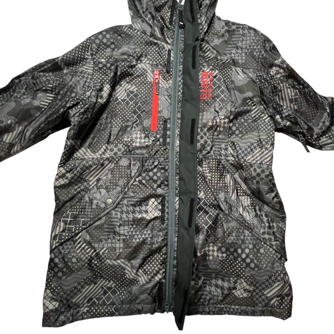 ラスティ スノーボードウェア ジャケット 総柄 黒赤 刺繍 L スキー 多機能