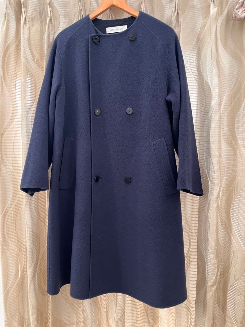 GALERIE VIE ネイビー ウールダブルフェイス　ノーカラーコート　36